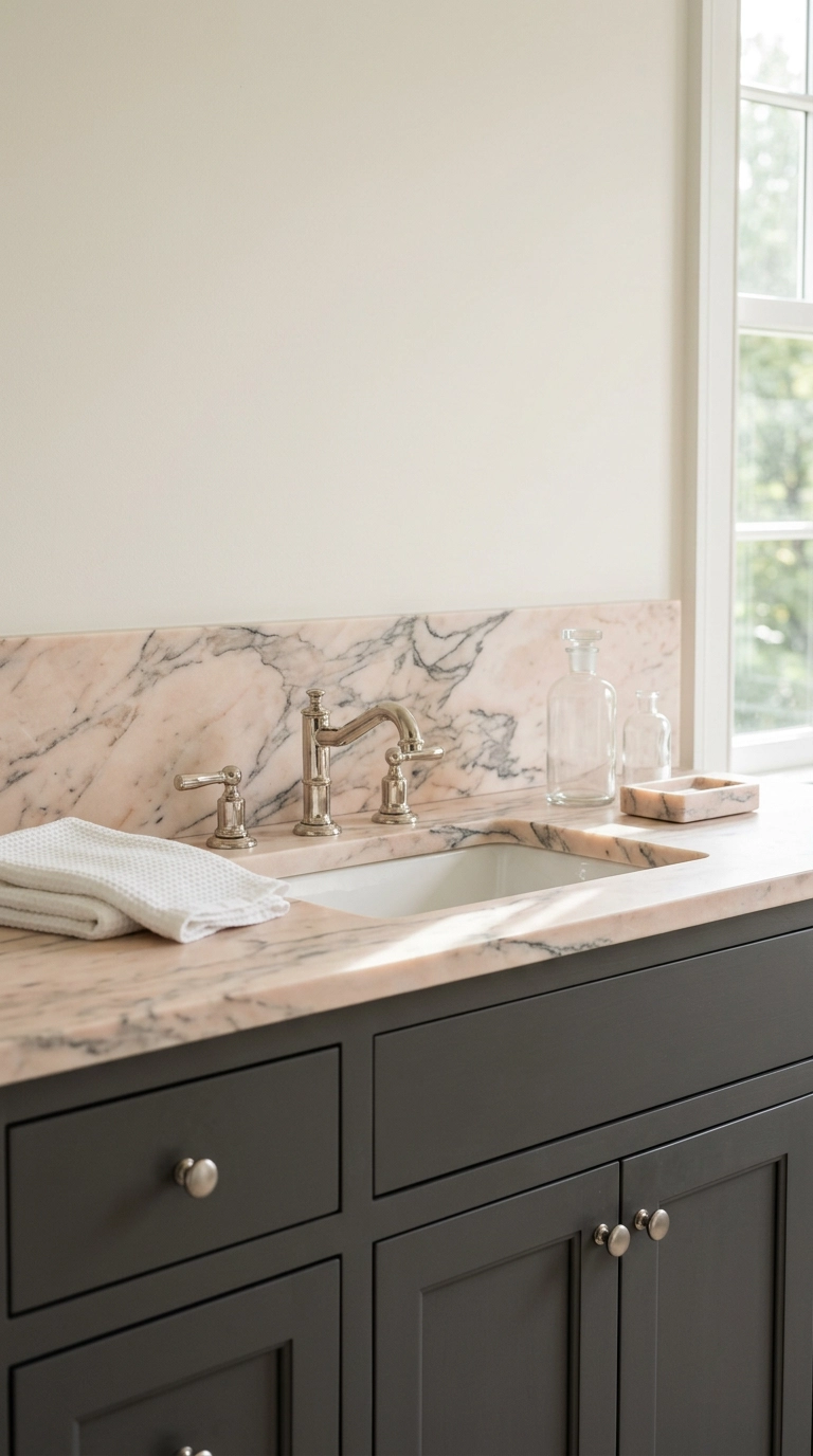 Honed pink-veined marble counter with charcoal shaker cabinets and nickel faucet