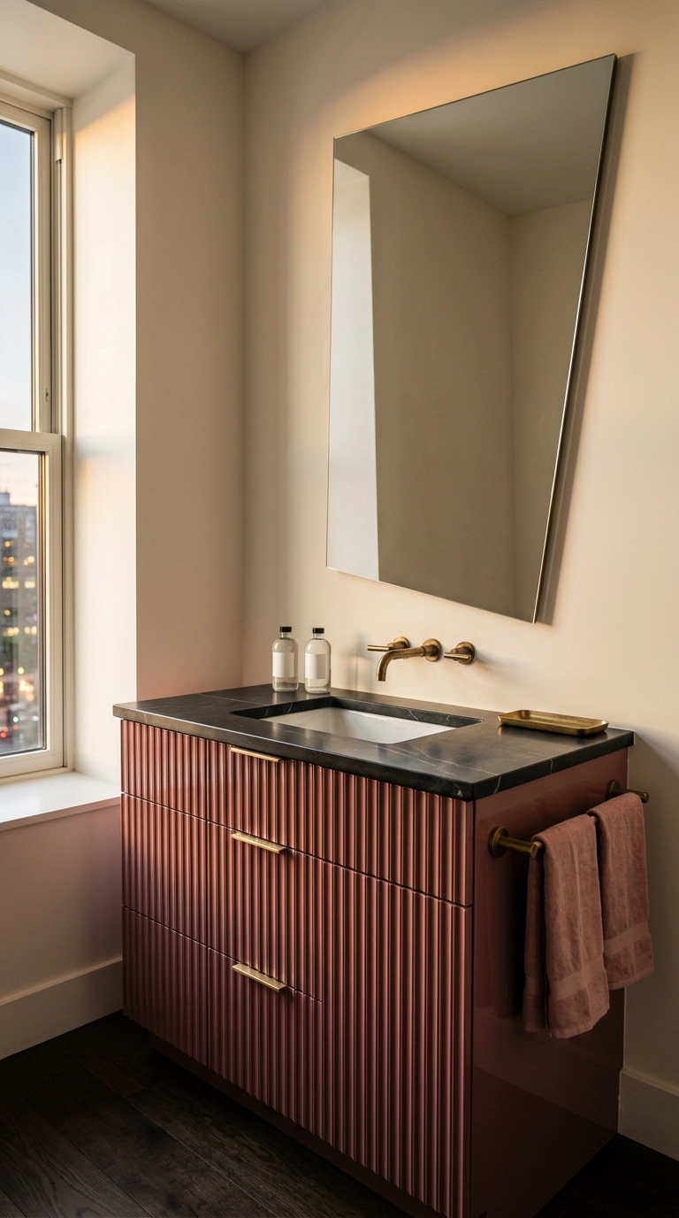 Fluted dusty rose lacquer vanity with a honed black soapstone counter and brass fixtures
