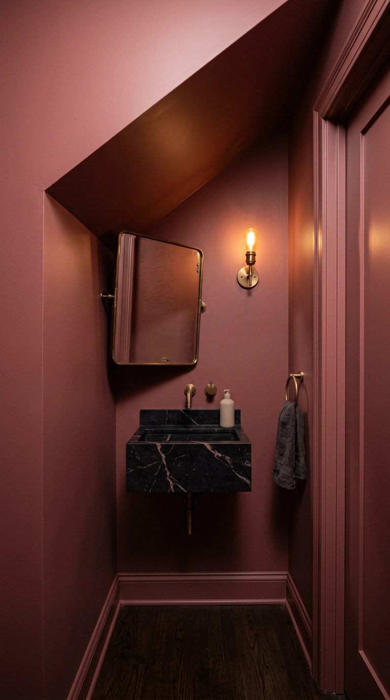 Powder room drenched in deep dusty rose with a black marble console sink