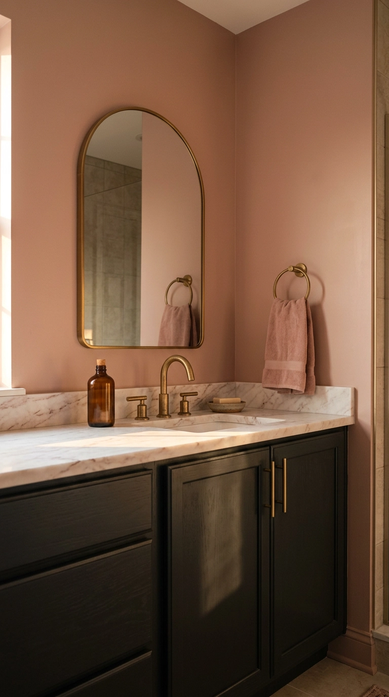 Oak vanity repainted soft charcoal under a dusty rose wall with brass fixtures