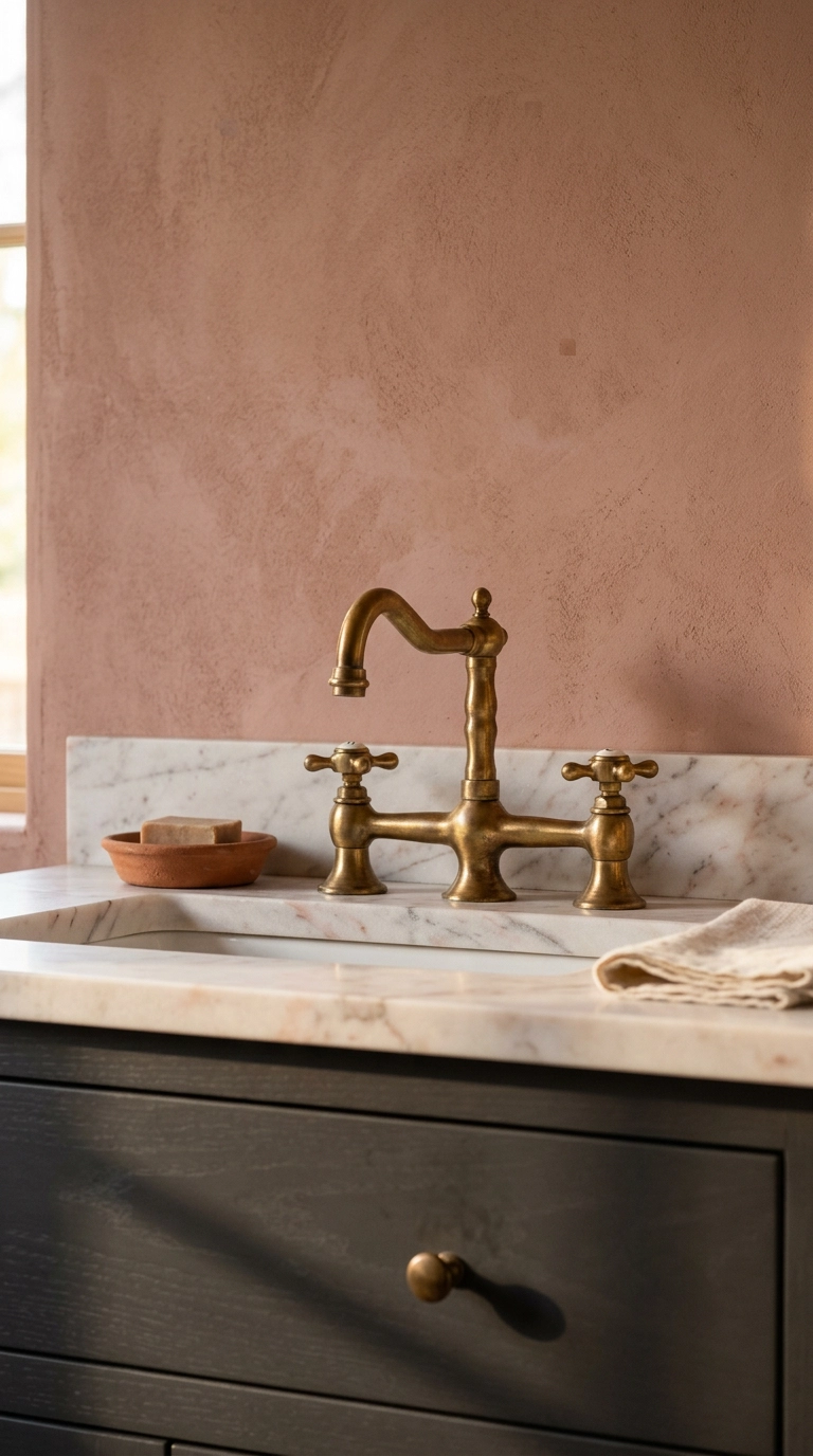 Unlacquered brass faucet with patina on a rose-veined marble counter