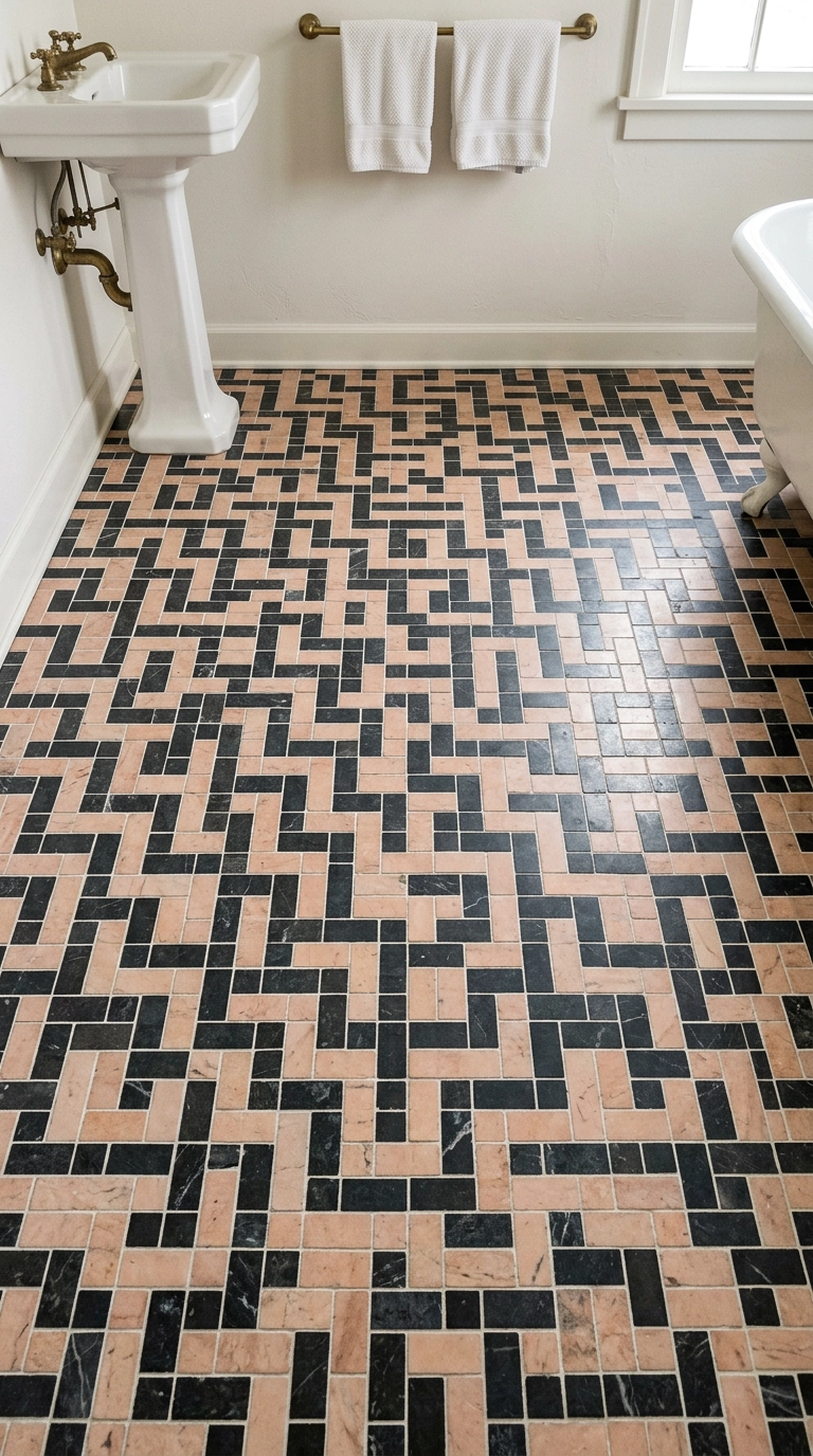 Pink and charcoal marble mosaic floor in a repeating Deco geometric pattern