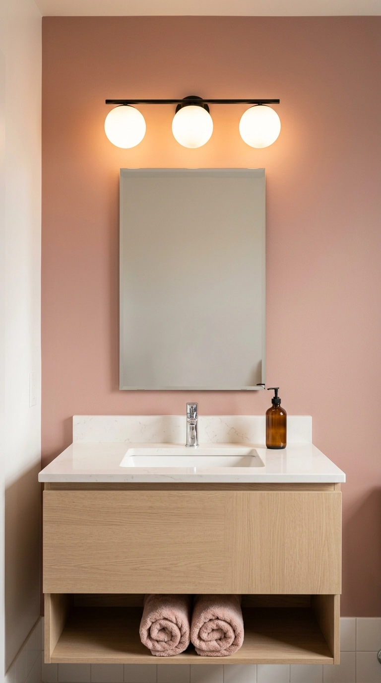 Matte black three-globe vanity light above a mirror on a dusty rose wall