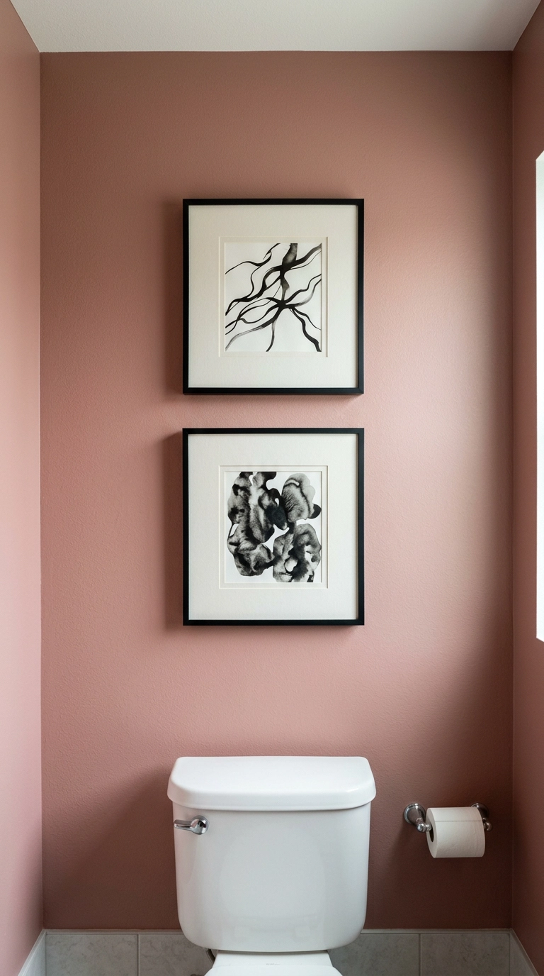 Two black-framed abstract ink prints stacked on a dusty rose bathroom wall