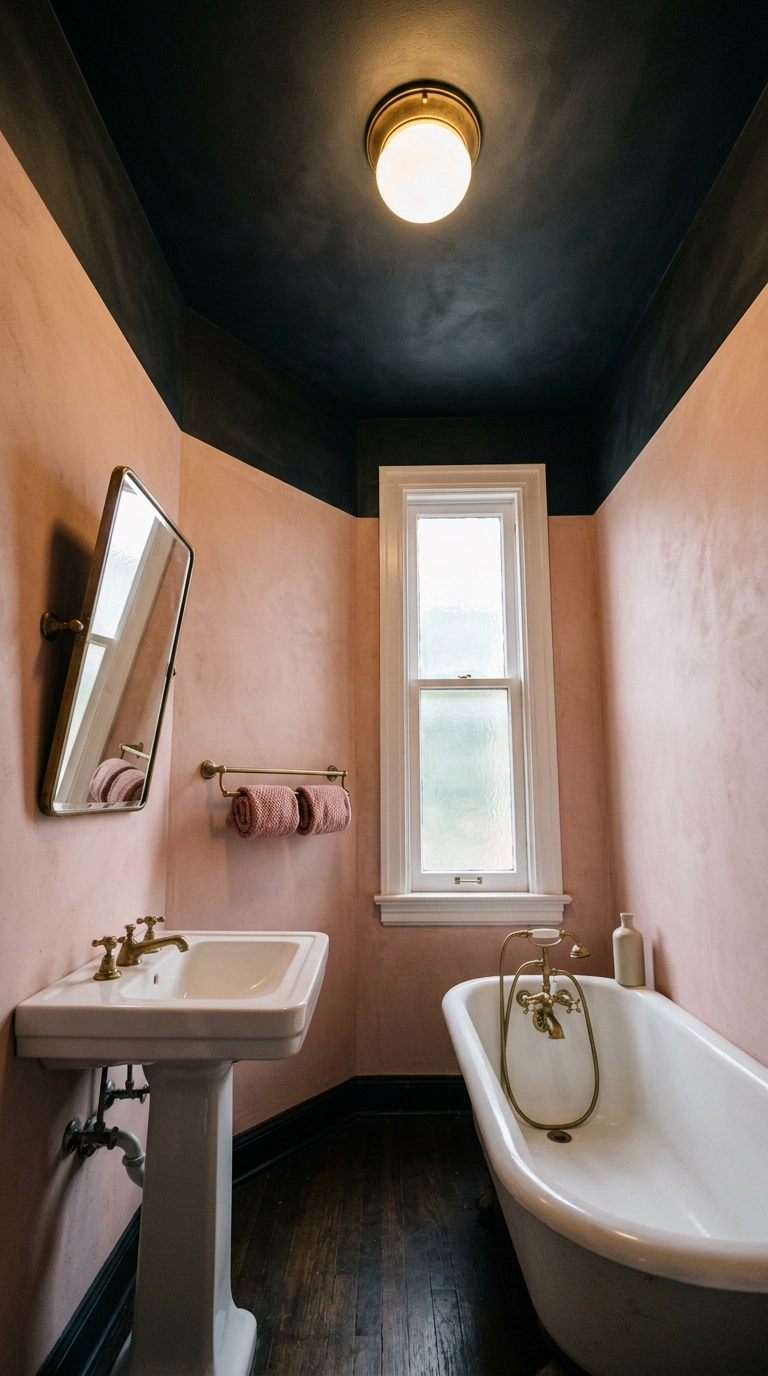 Soft charcoal painted ceiling above plaster pink walls in a high-ceilinged bathroom