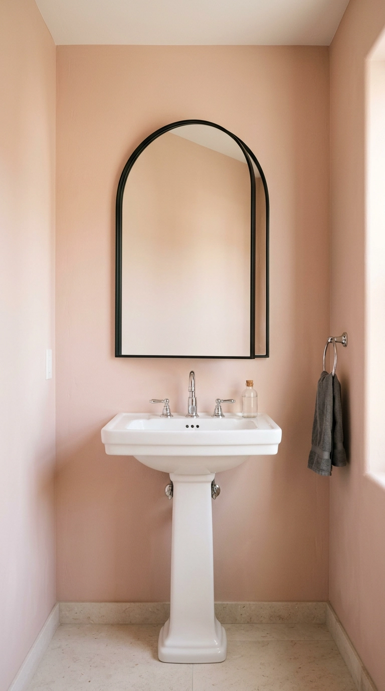 Arched black-framed mirror angled above a pedestal sink on a blush pink wall