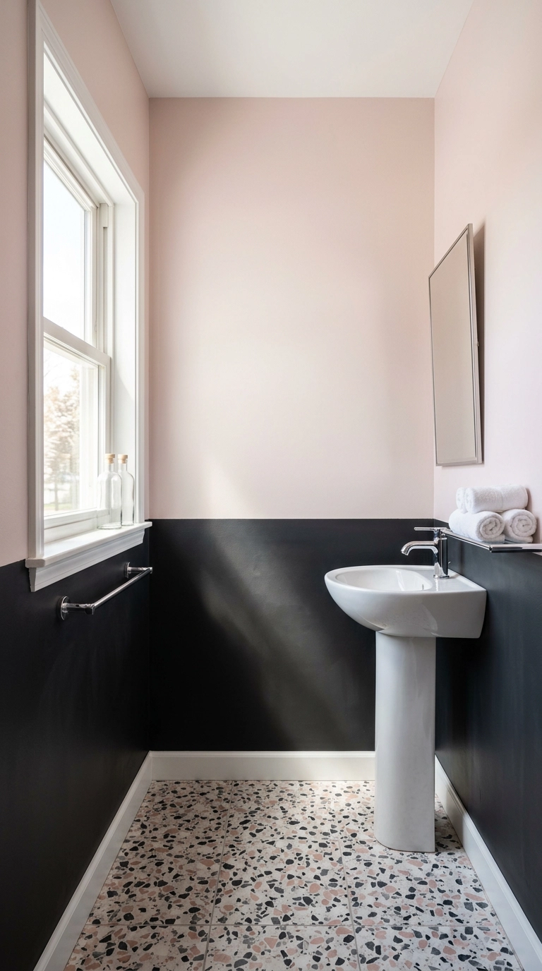 Blush pink upper walls over a soft charcoal lower wall with terrazzo flooring