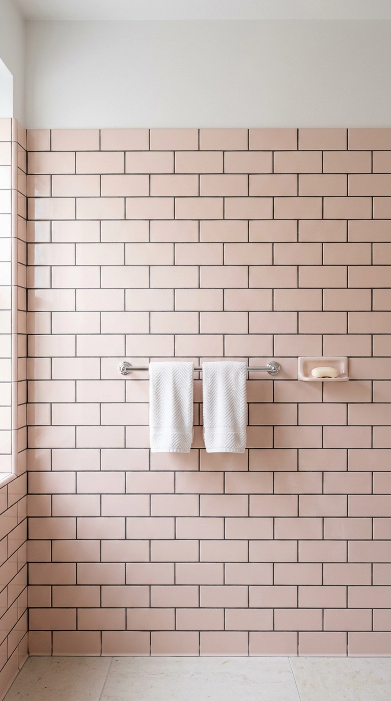 Glossy blush pink subway tile with soft charcoal grout in a running bond pattern