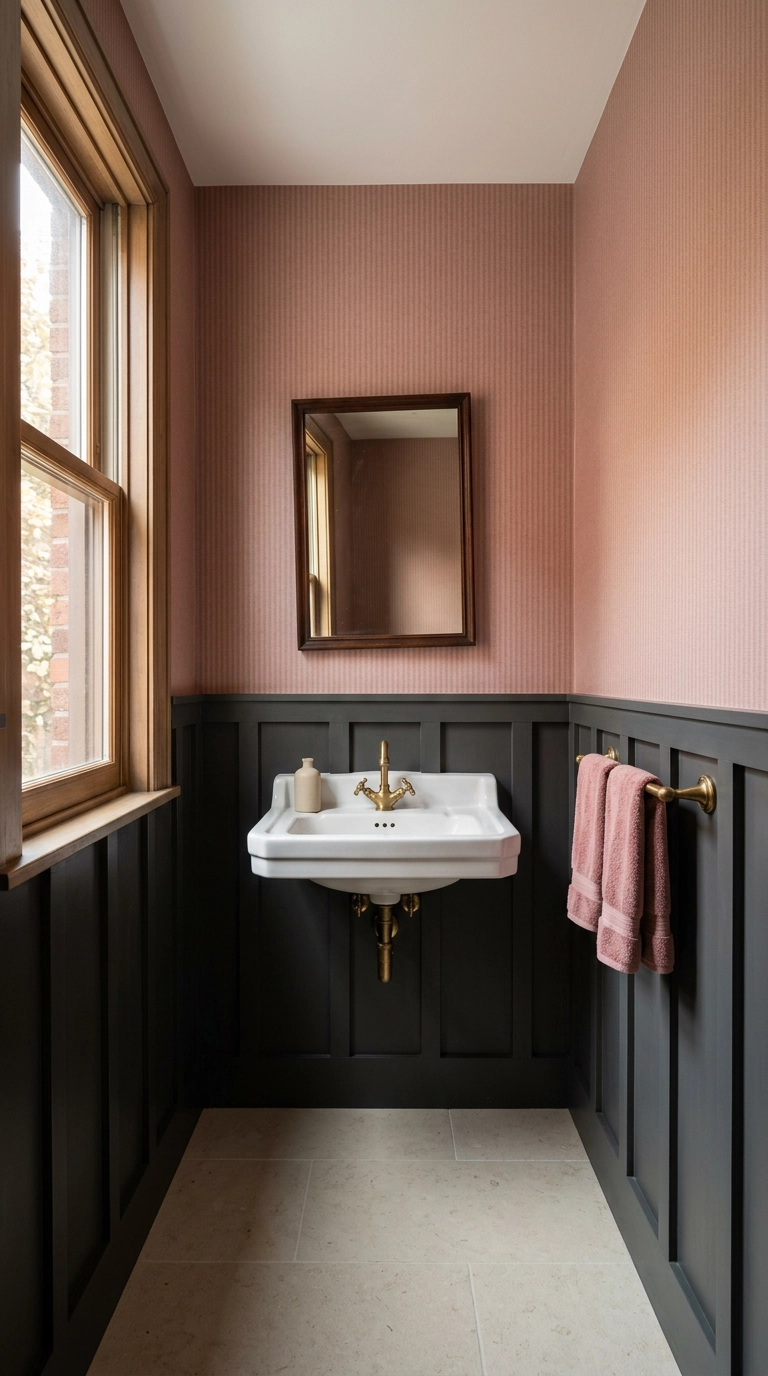Dusty rose striped wallpaper above a soft charcoal board and batten wainscot