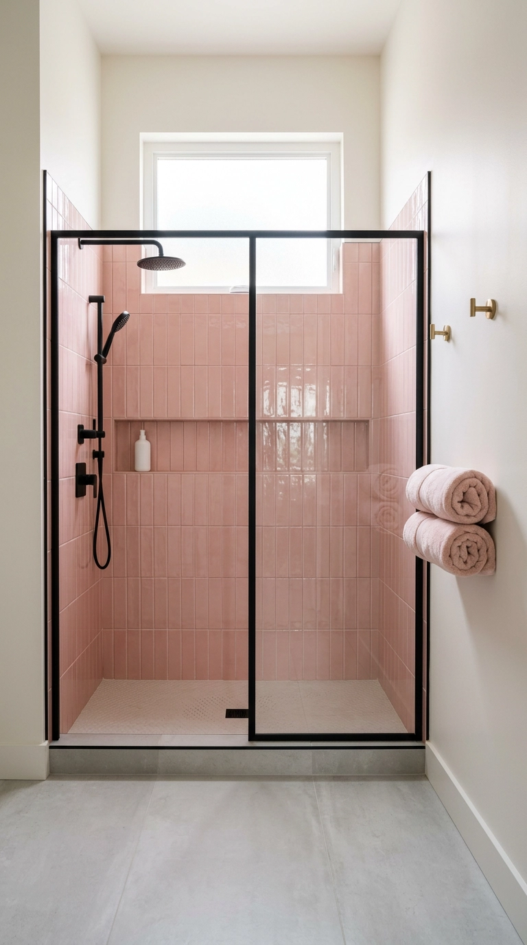 Black framed glass shower screen against glossy blush pink stacked tile