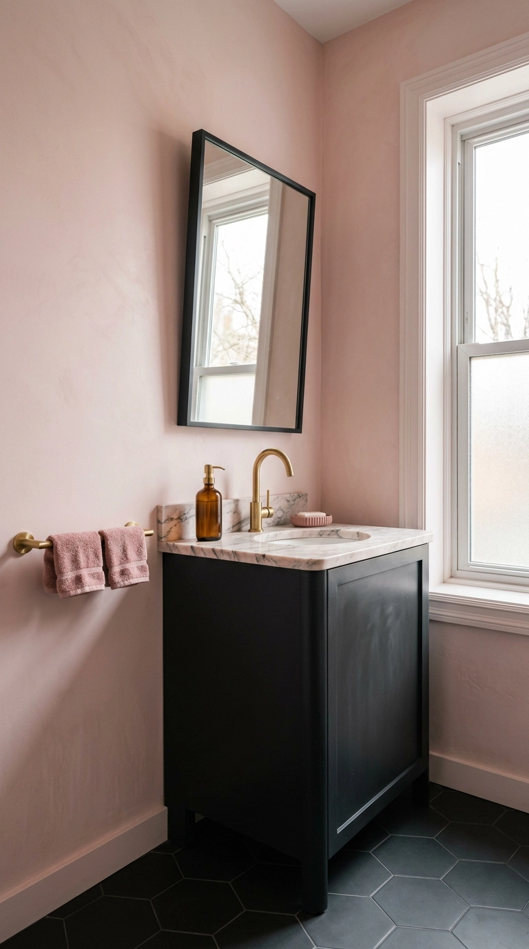 Plaster pink bathroom walls with a charcoal vanity, pink marble top, and brass fixtures