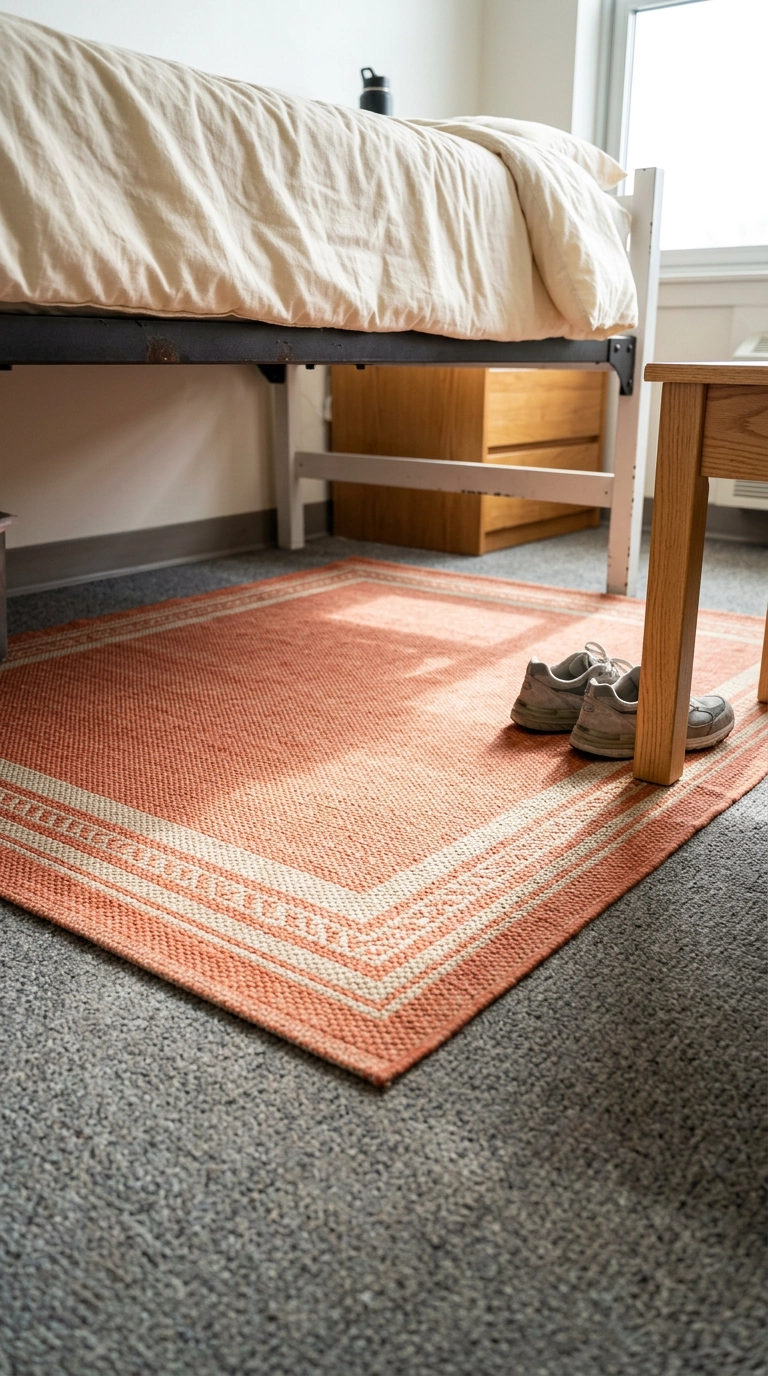 Coral and oatmeal flatweave washable rug over grey dorm carpet