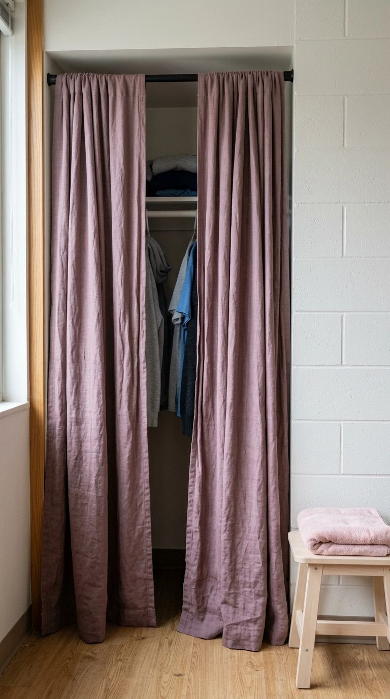 Mauve linen curtain on a tension rod covering a dorm closet alcove