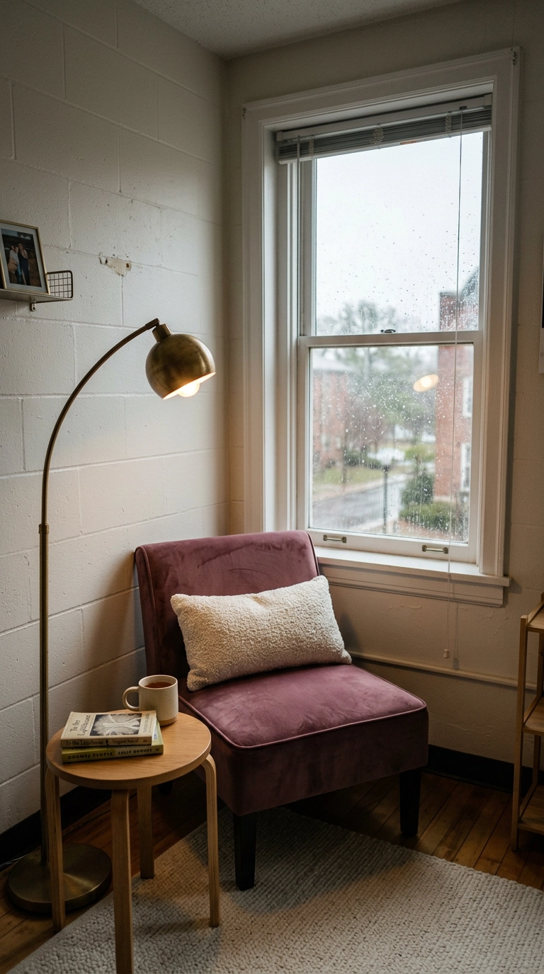 Deep mauve velvet chair and brass floor lamp in a dorm window reading nook