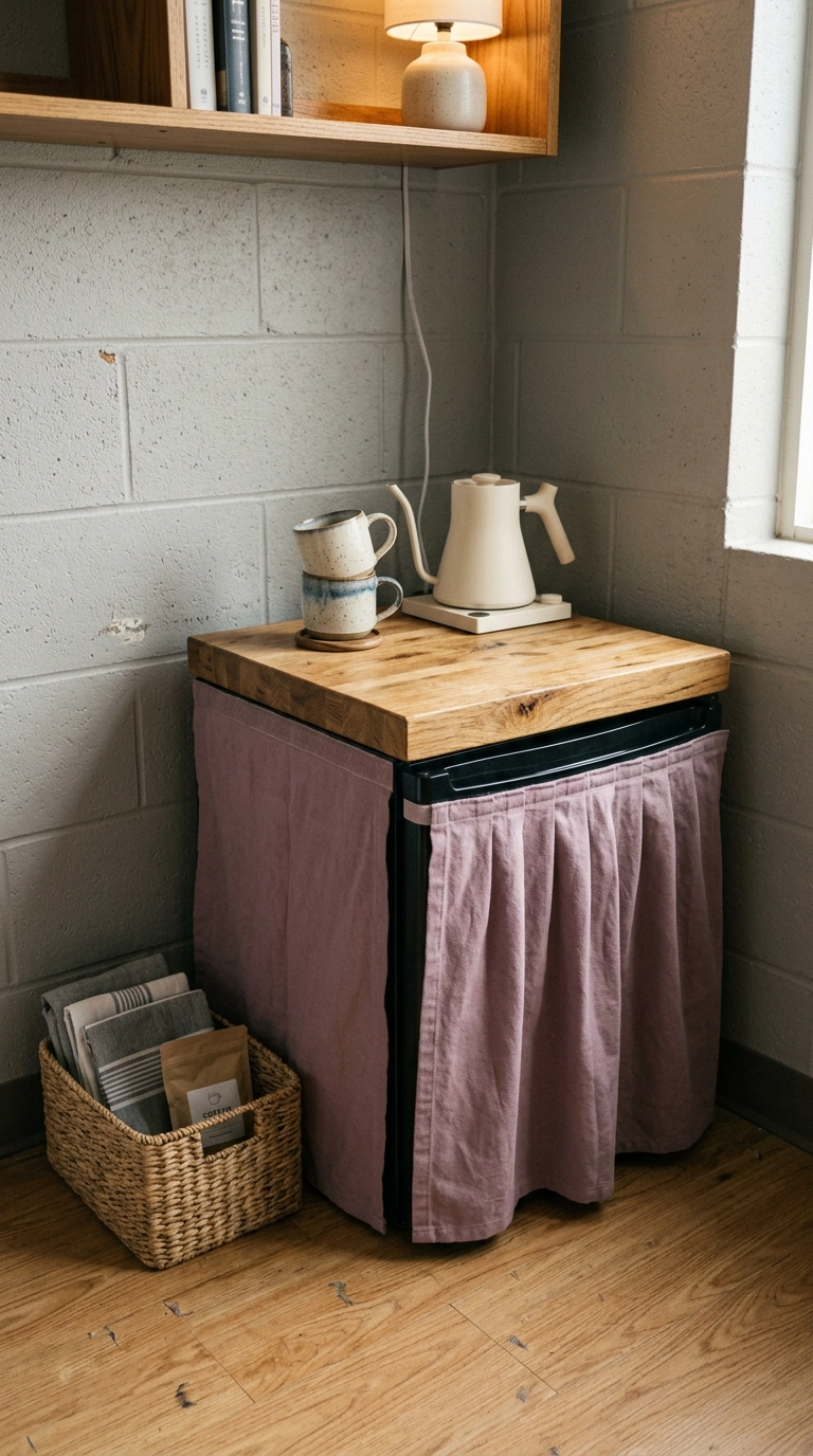 Mini fridge with a mauve fabric skirt topped with a wood board and coffee station