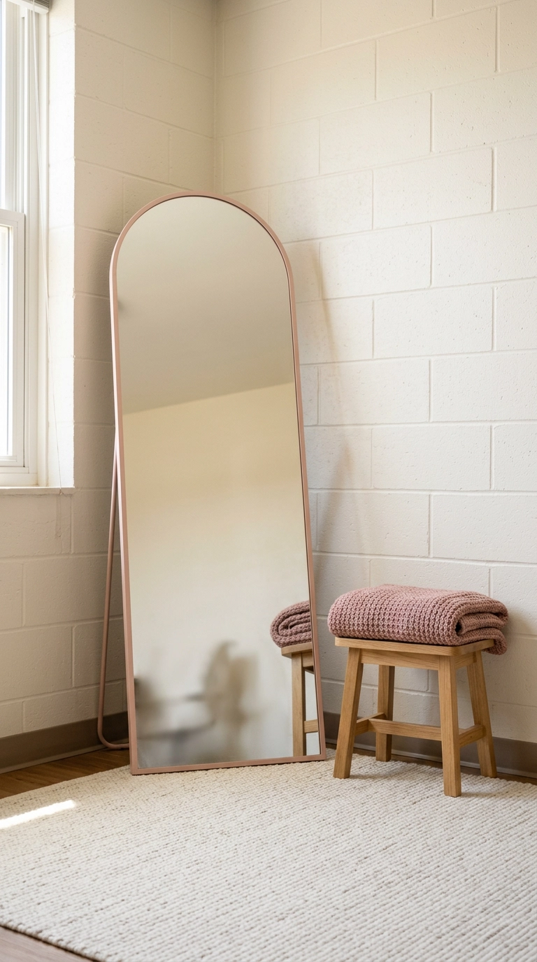 Blush-framed full-length arched mirror leaning in the corner of a dorm room