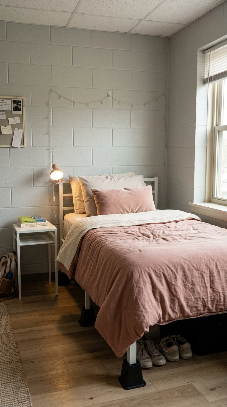 Twin XL dorm bed with dusty rose duvet and cream waffle sheets against a cinder block wall