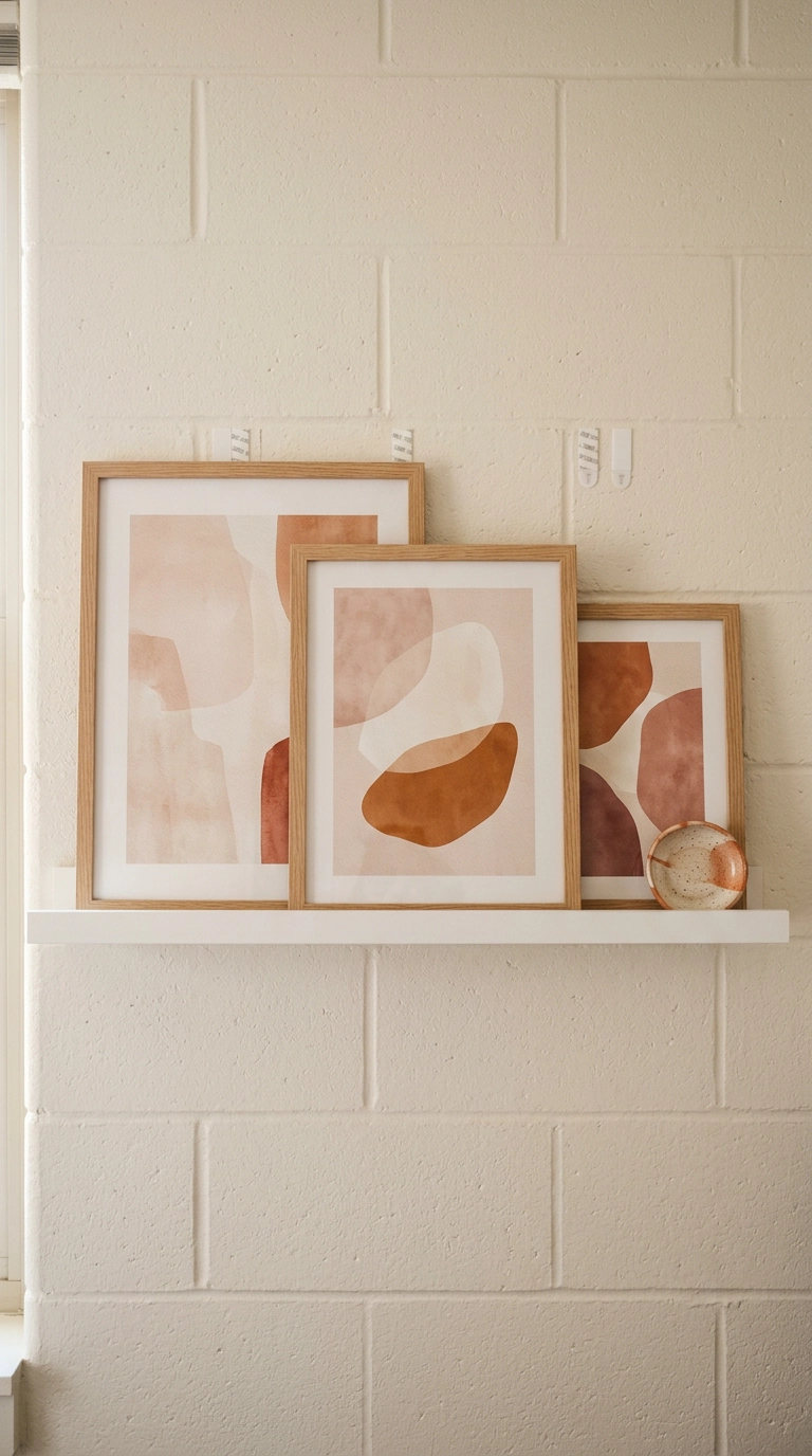 Blush and terracotta abstract prints leaning on a slim picture ledge in a dorm room