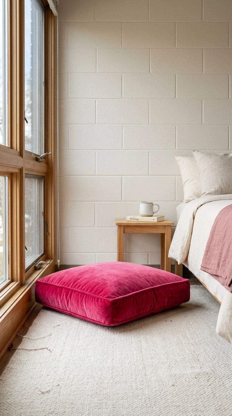 Raspberry velvet floor cushion as the single saturated accent in a neutral dorm corner