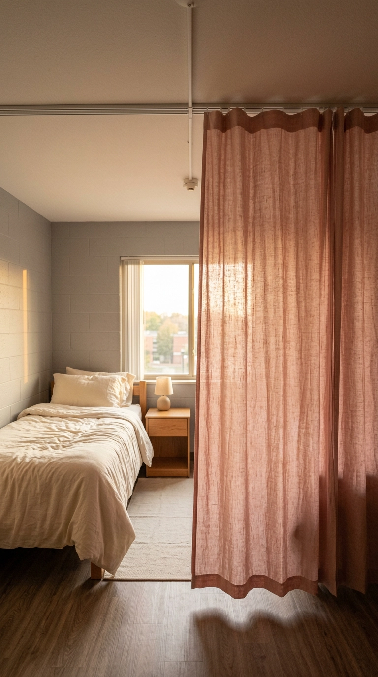 Blush linen curtain divider on a ceiling track splitting a shared dorm room