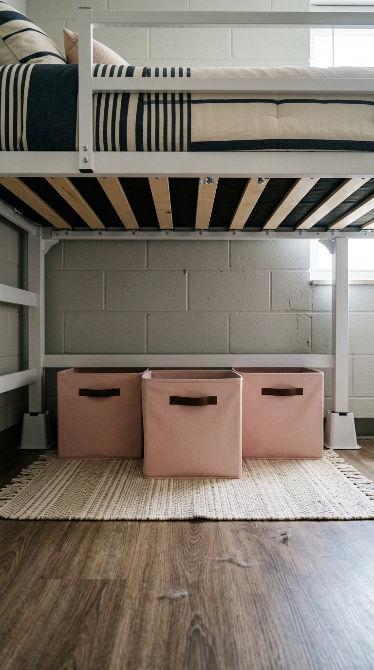 Three blush pink fabric storage bins lined up under a lofted twin XL dorm bed
