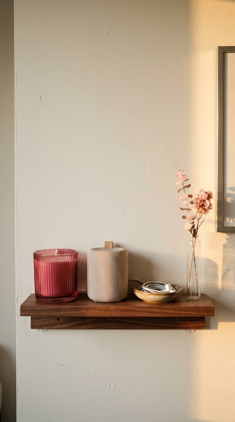 Small walnut shelf styled with a raspberry candle, speaker, and single dried blush stem