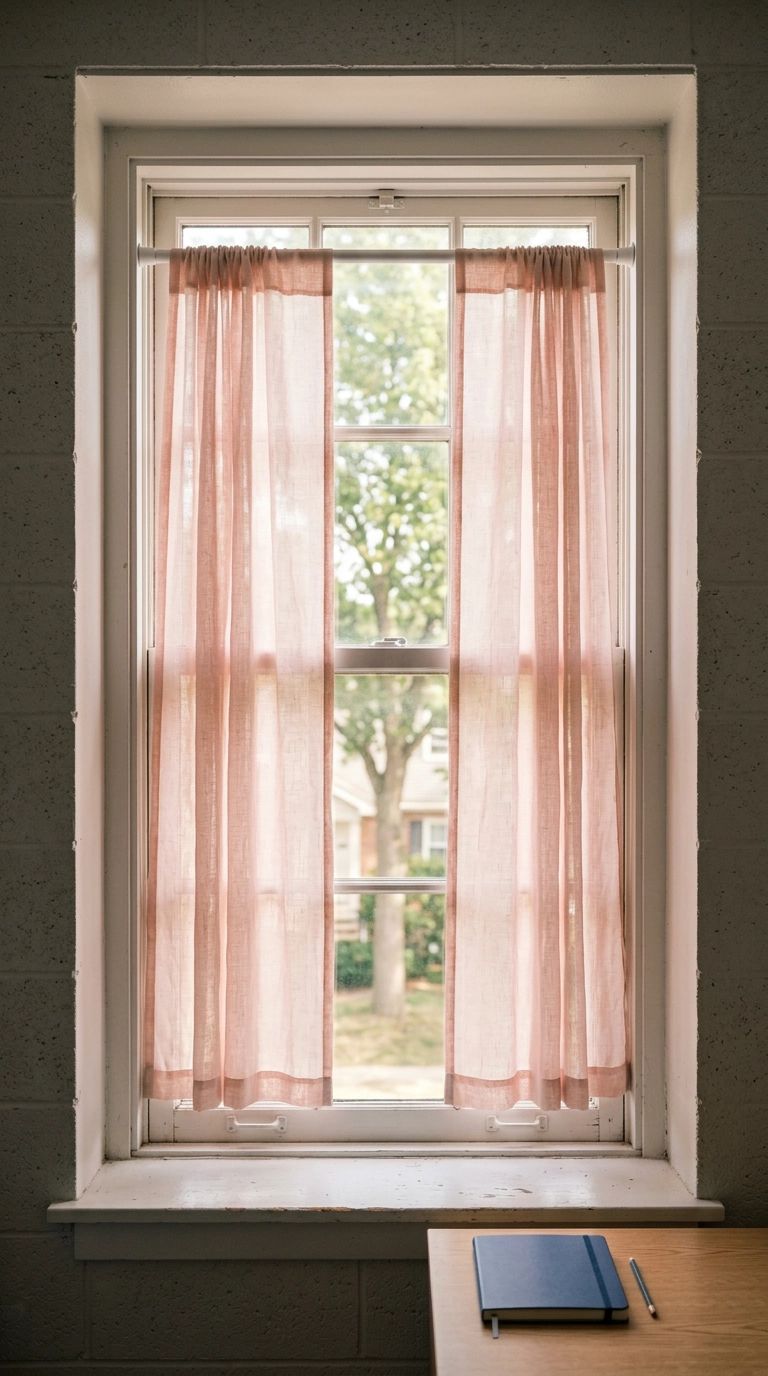 Sheer blush curtains on a tension rod inside a dorm window frame with afternoon light