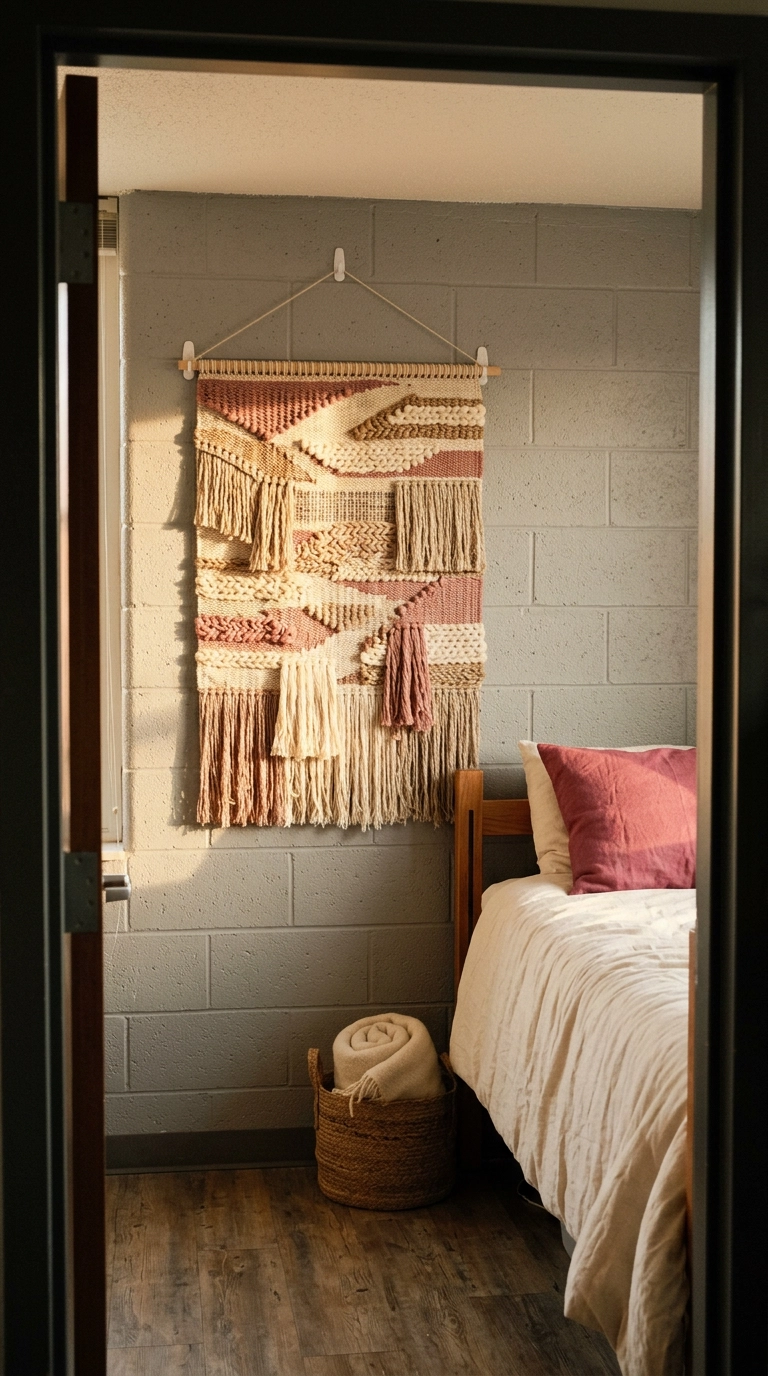 Muted rose woven tapestry hung with adhesive hooks on a grey dorm cinder block wall