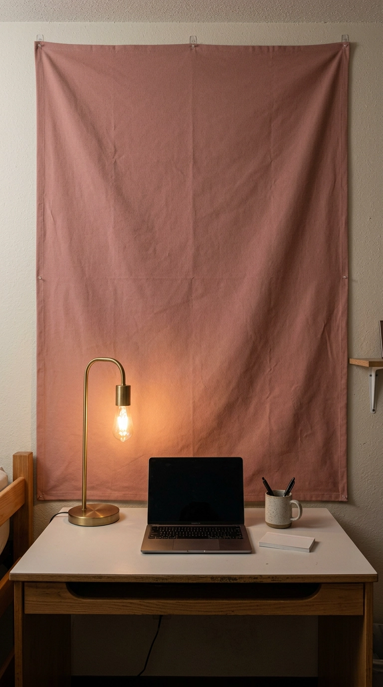 Dusty rose fabric backdrop stretched behind a dorm desk with a brass task lamp