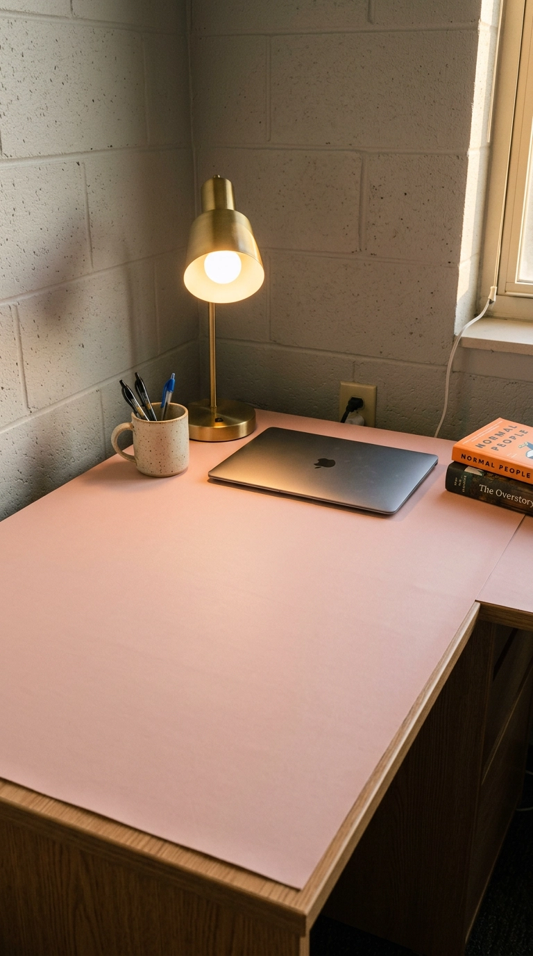 Dorm desk covered in matte blush pink contact paper with a brass task lamp