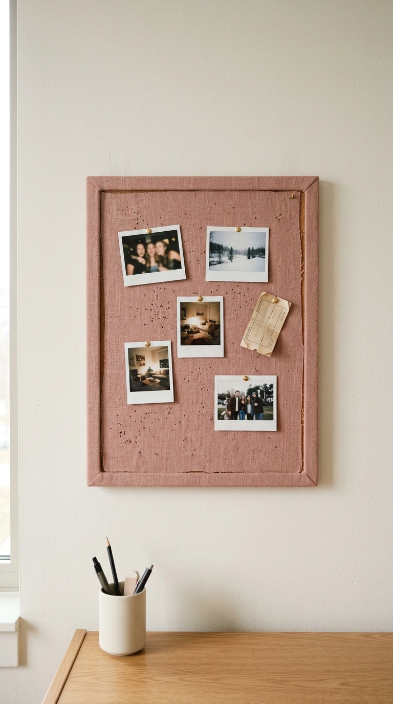 Corkboard wrapped in dusty rose linen hung above a dorm desk with brass push pins