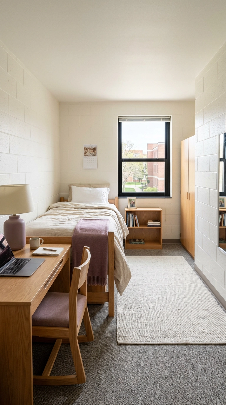 Small dorm room with the same mauve repeated in a throw, lamp base, and chair cushion