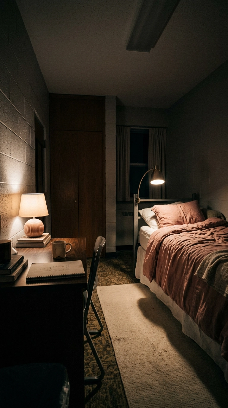 Dorm room lit by a blush ceramic lamp and clip light with the overhead fluorescent off