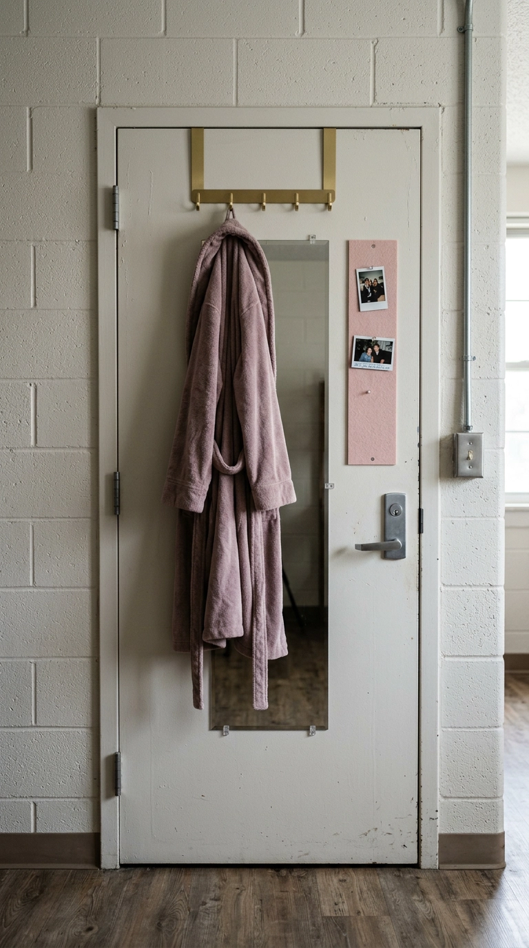 Dorm door styled with brass over-door hooks, a mauve robe, and a blush pinboard strip