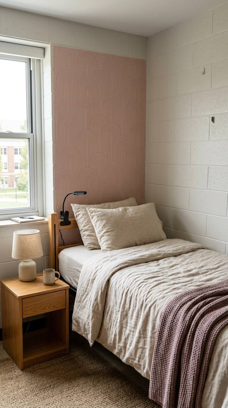 Blush pink peel-and-stick arch headboard on a dorm cinder block wall behind a twin XL bed