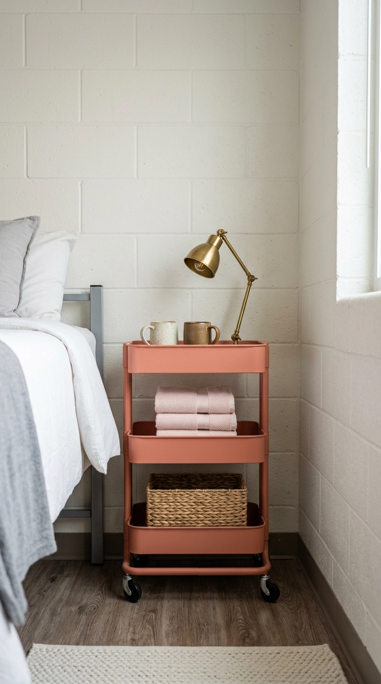 Muted coral three-tier rolling cart tucked beside a twin XL dorm bed