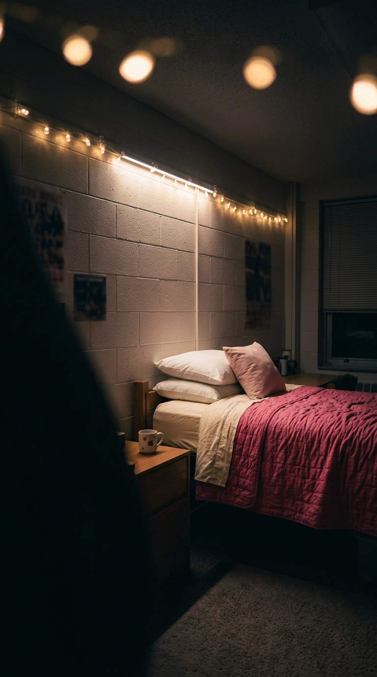 Warm fairy lights running along the ceiling line above a raspberry pink dorm bed