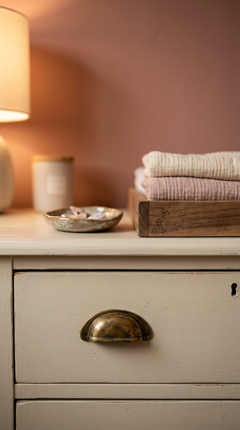 Aged brass bin pull on a cream drawer against a dusty rose nursery wall
