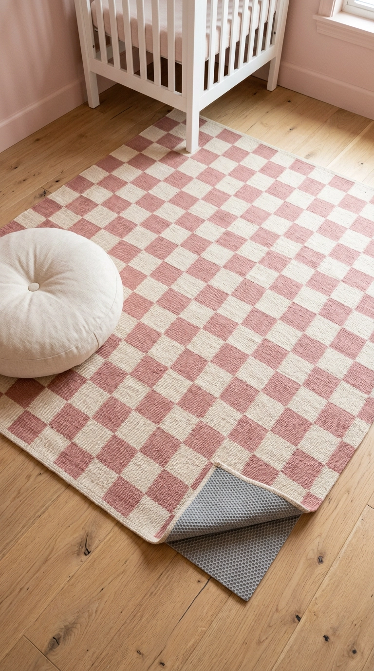 Dusty pink and cream checkerboard washable rug on white oak nursery floors