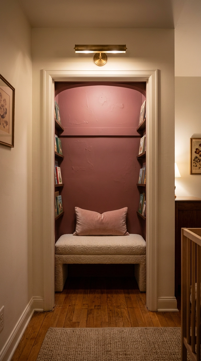 Reach-in closet painted deep dusty rose and converted into a nursery reading nook