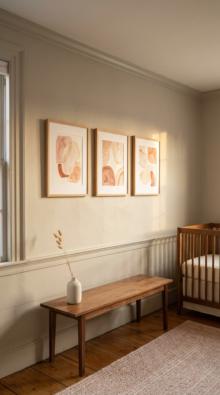 Three framed abstract watercolor prints on the side wall of a pink nursery