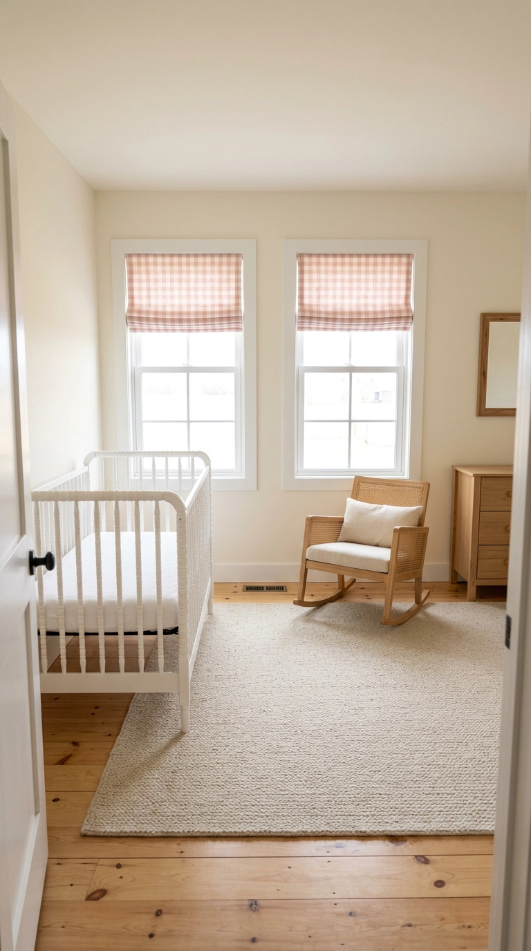 Blush gingham roman shades as the only pattern in a cream and pink nursery