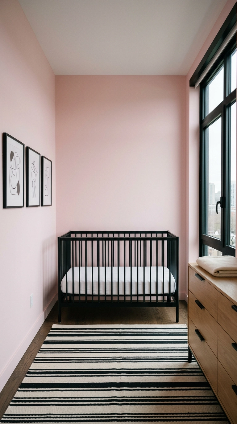 Pink nursery with a matte black metal crib, black-framed abstract art, and striped rug