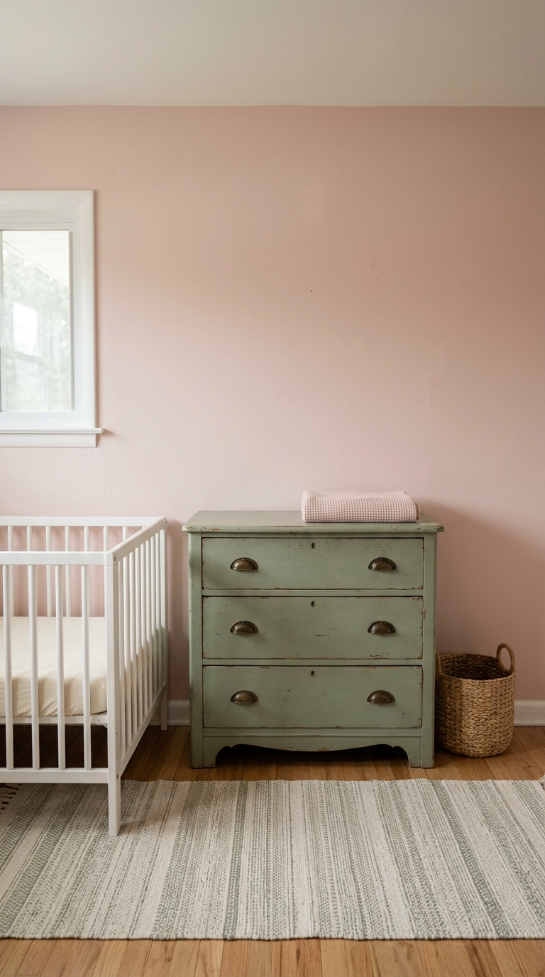 Sage green painted dresser against blush pink walls in a nursery