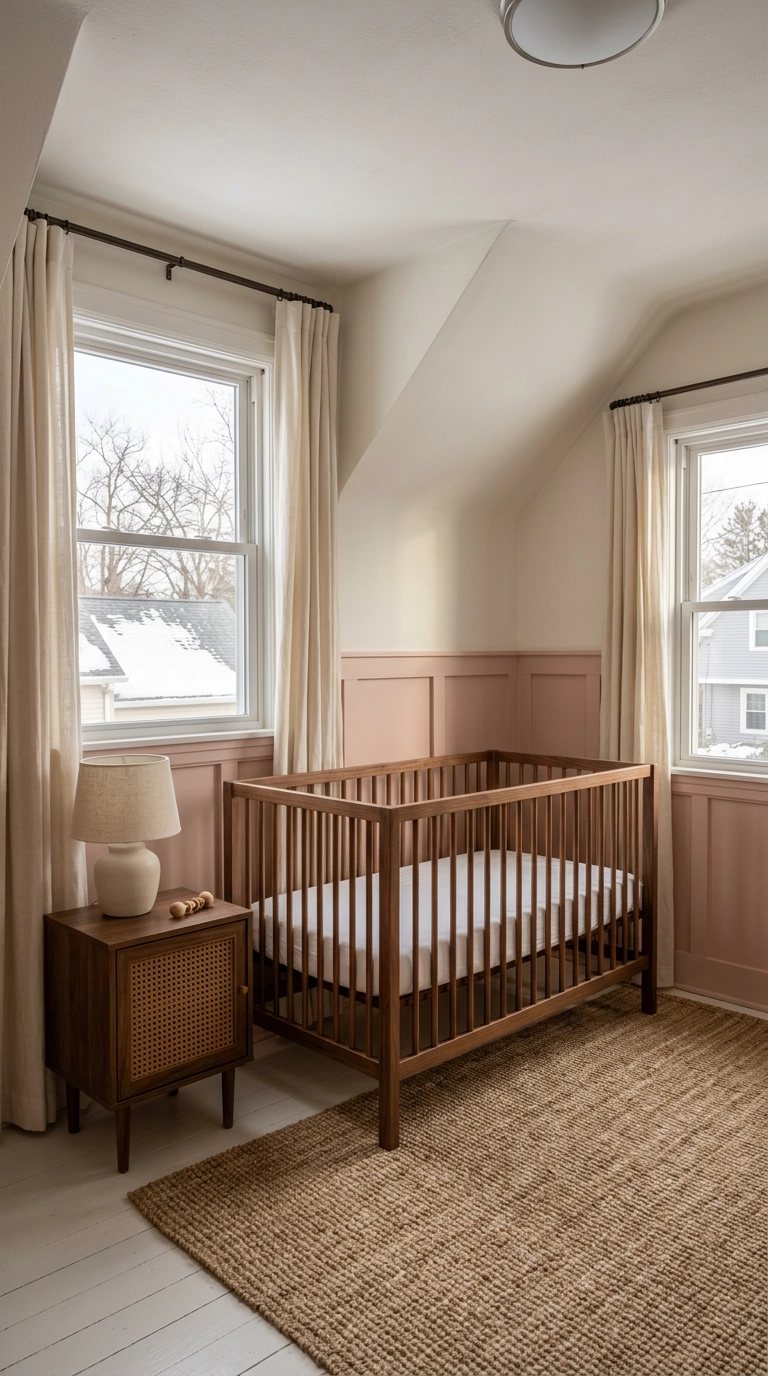 Blush pink board and batten wall molding in a nursery with a walnut crib