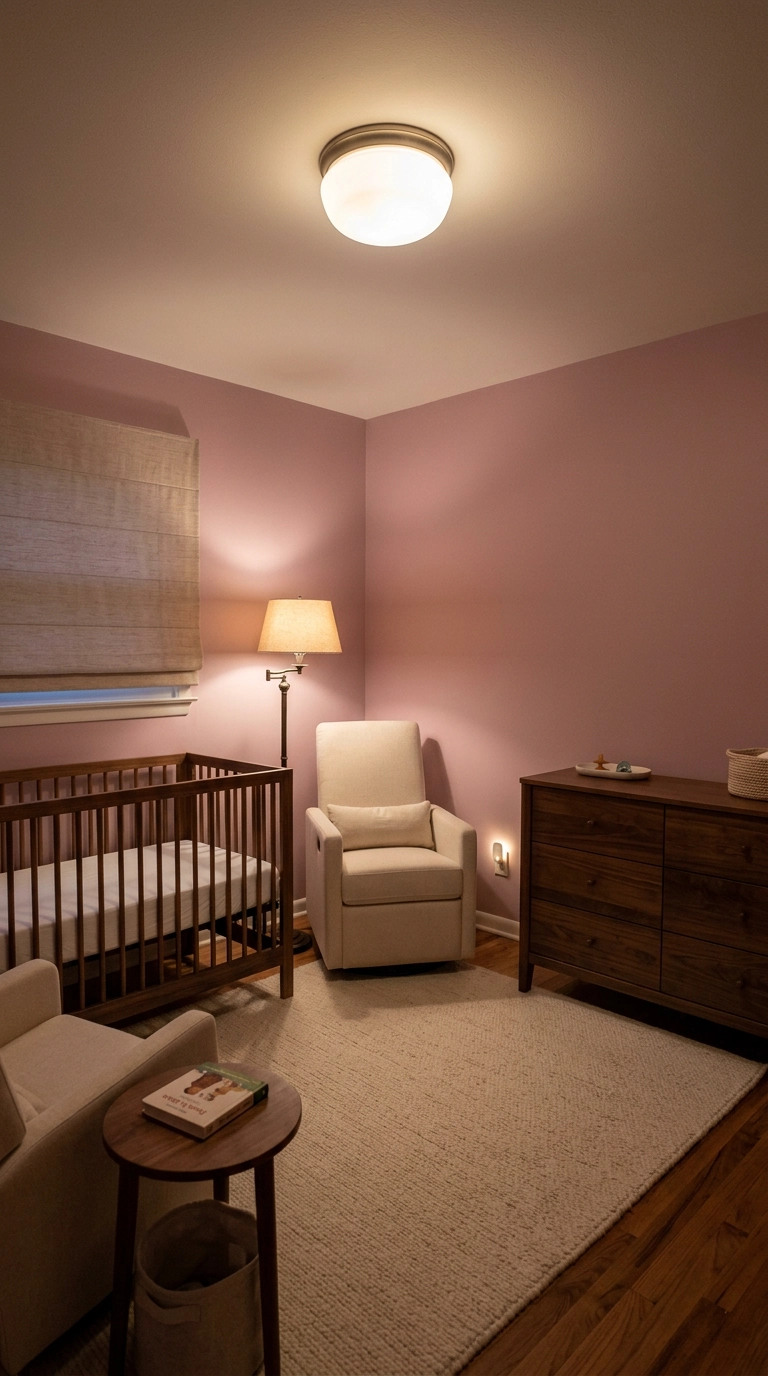 Pink nursery at dusk with a dome ceiling light, brass floor lamp, and low nightlight