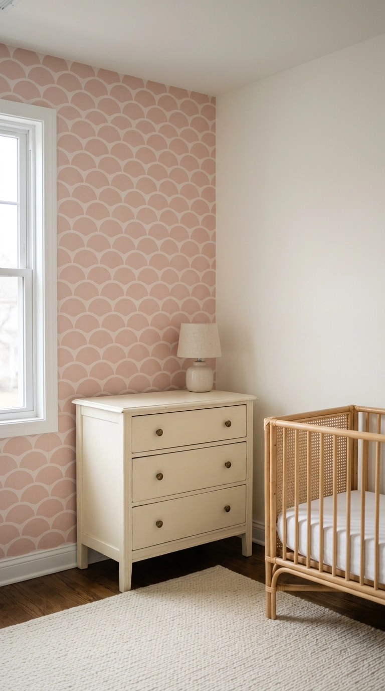 Blush scallop peel-and-stick wallpaper behind a cream dresser in a pink nursery