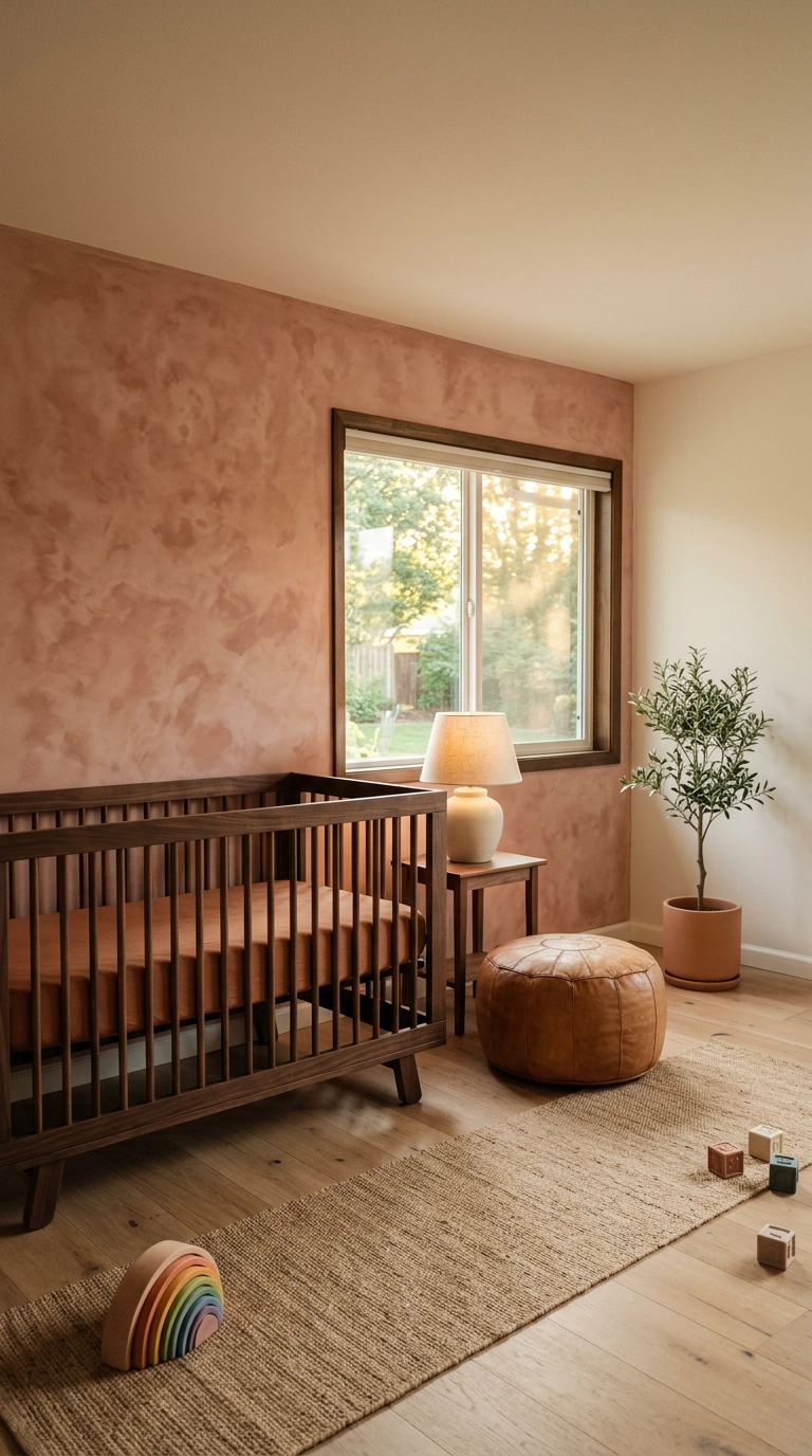 Terracotta-pink limewash accent wall in a nursery with a bare walnut crib