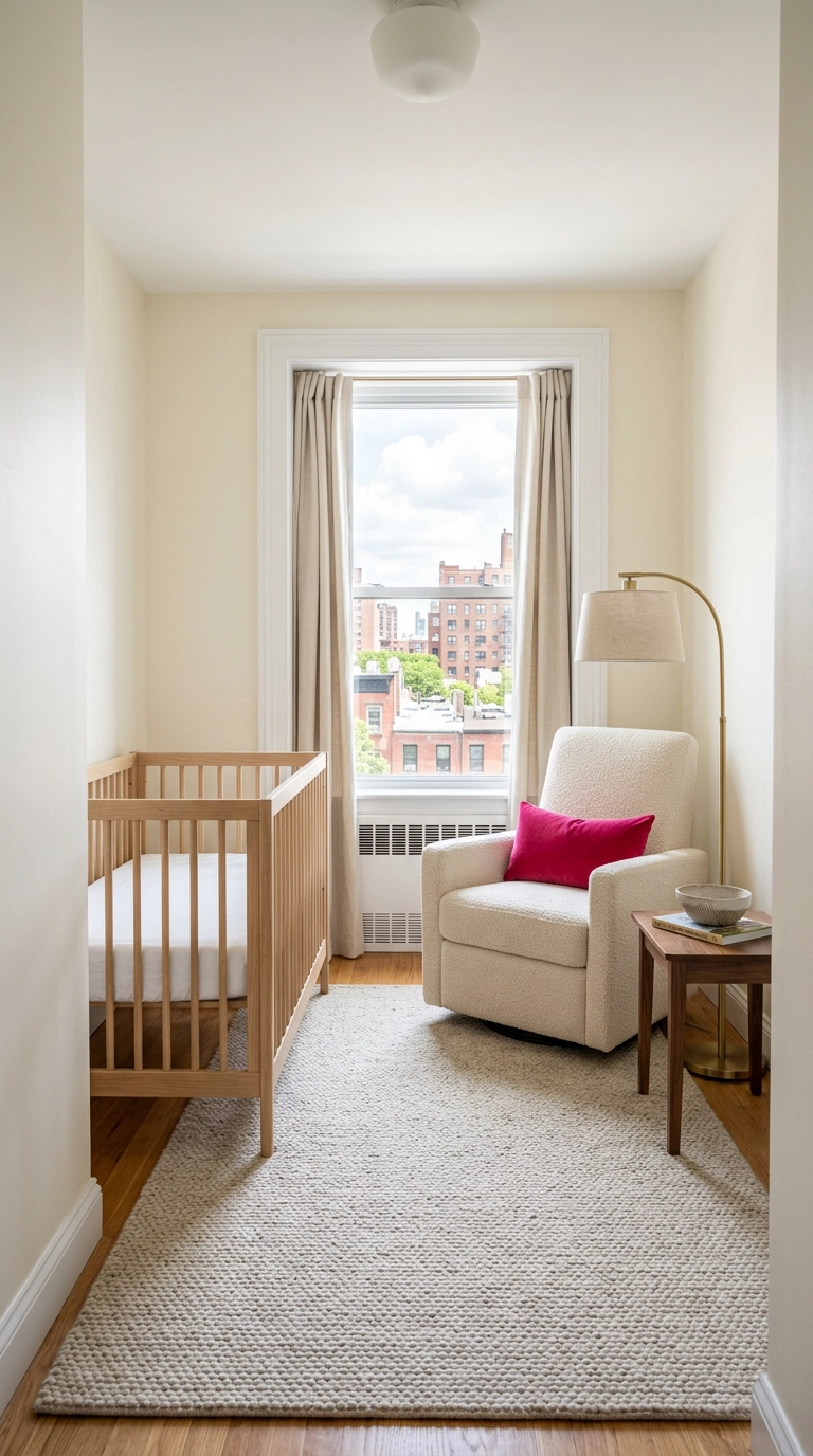 Neutral nursery with one raspberry pink velvet pillow as the single accent