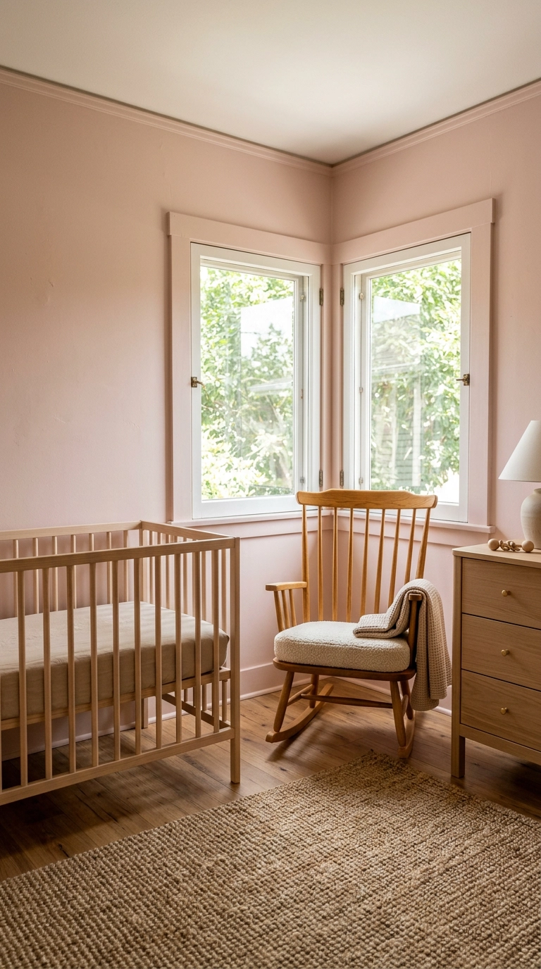 Blush pink nursery with white oak slatted crib, oak rocker, and jute rug